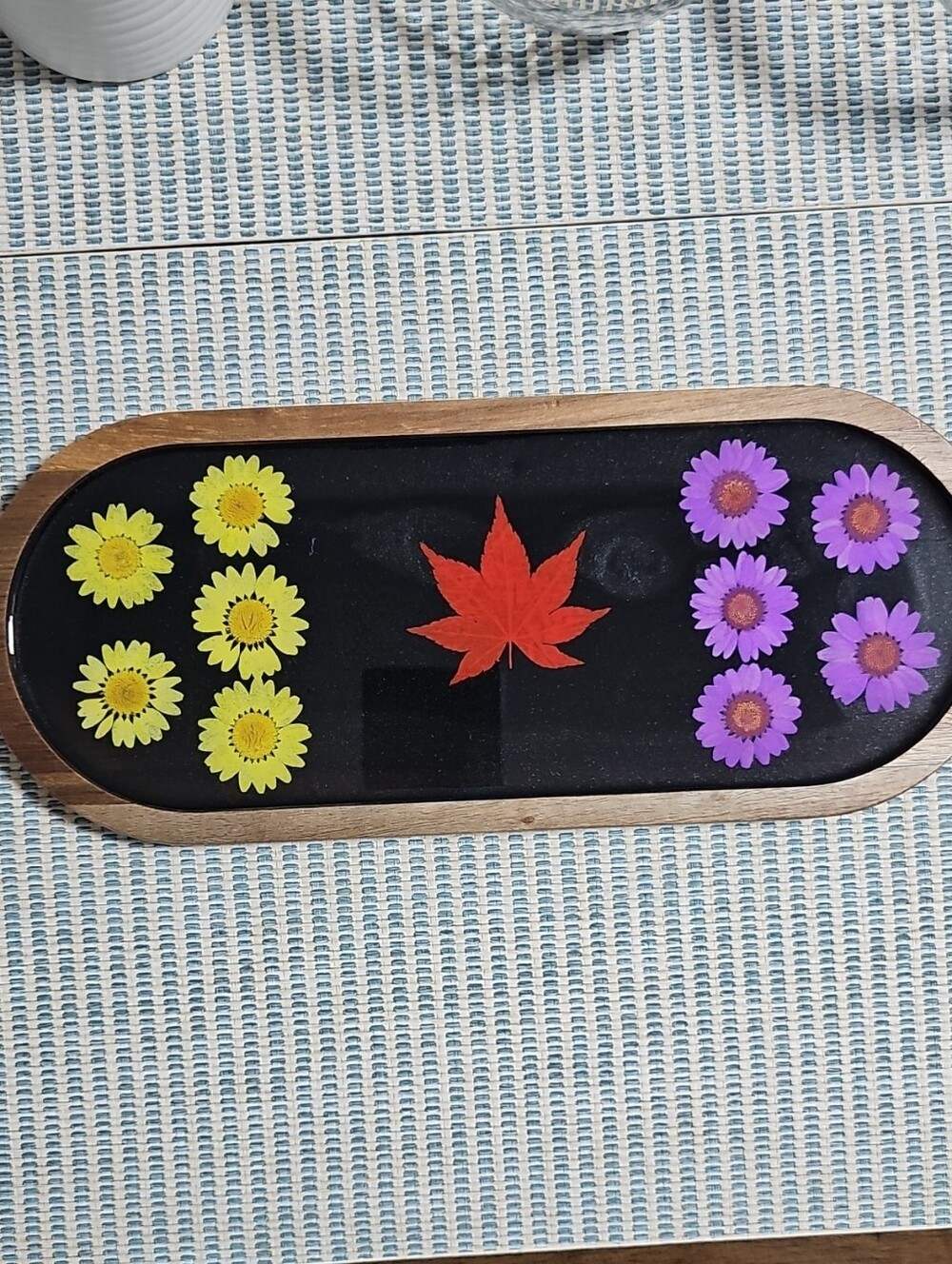 Handcrafted Acacia Wood/Resin Floral Tray with Red Maple Accent
